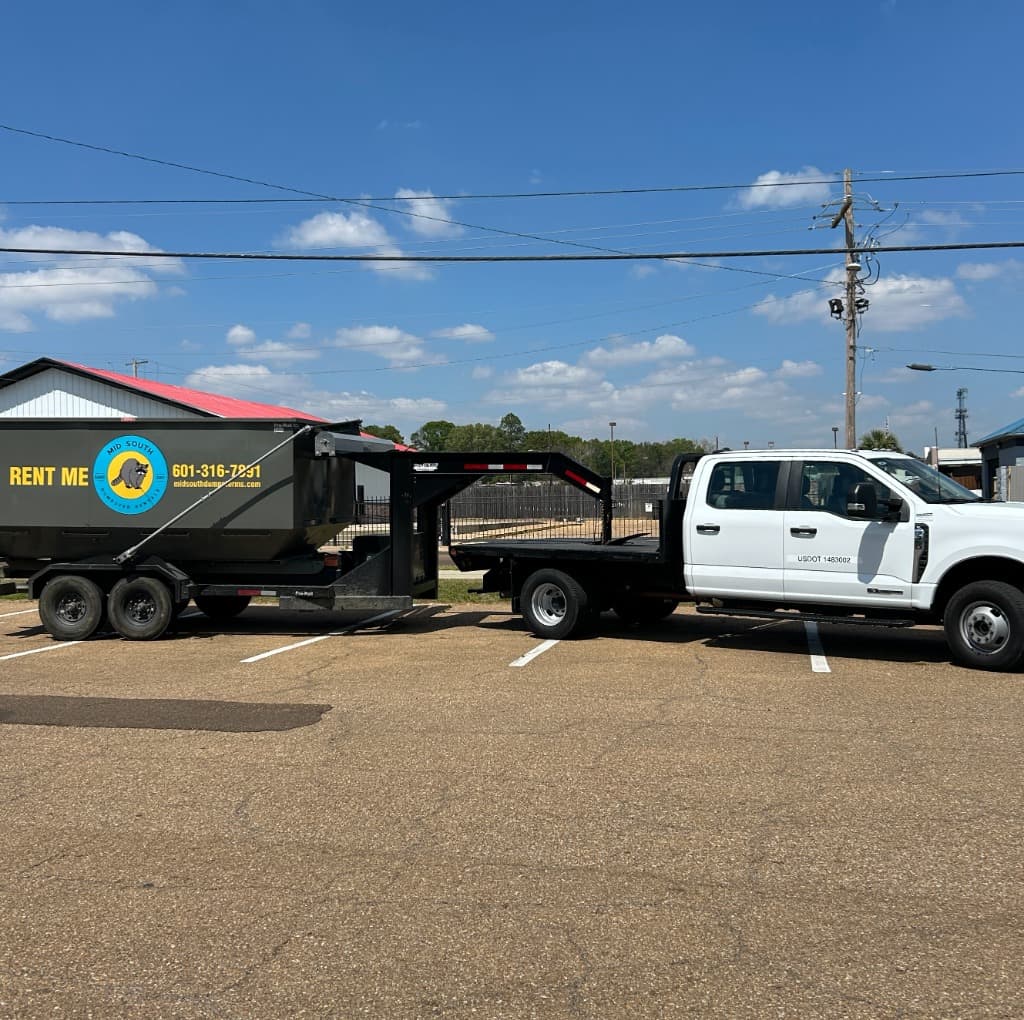 Mid South Dumpster Rentals truck and trailer ready for delivery in Jackson MS